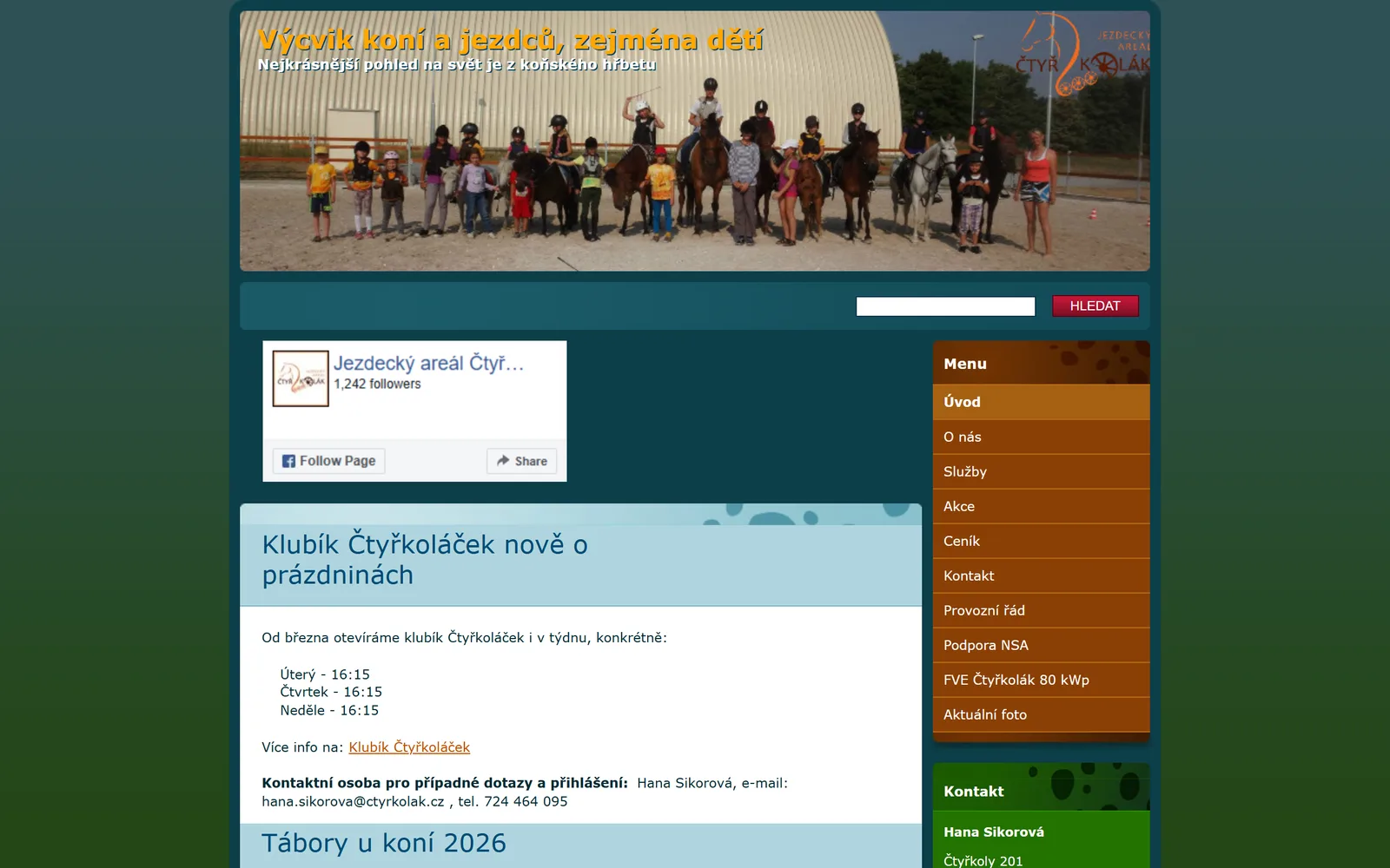 Původní web jízdárny Čtyřkolák — zastaralý design z webnode šablony